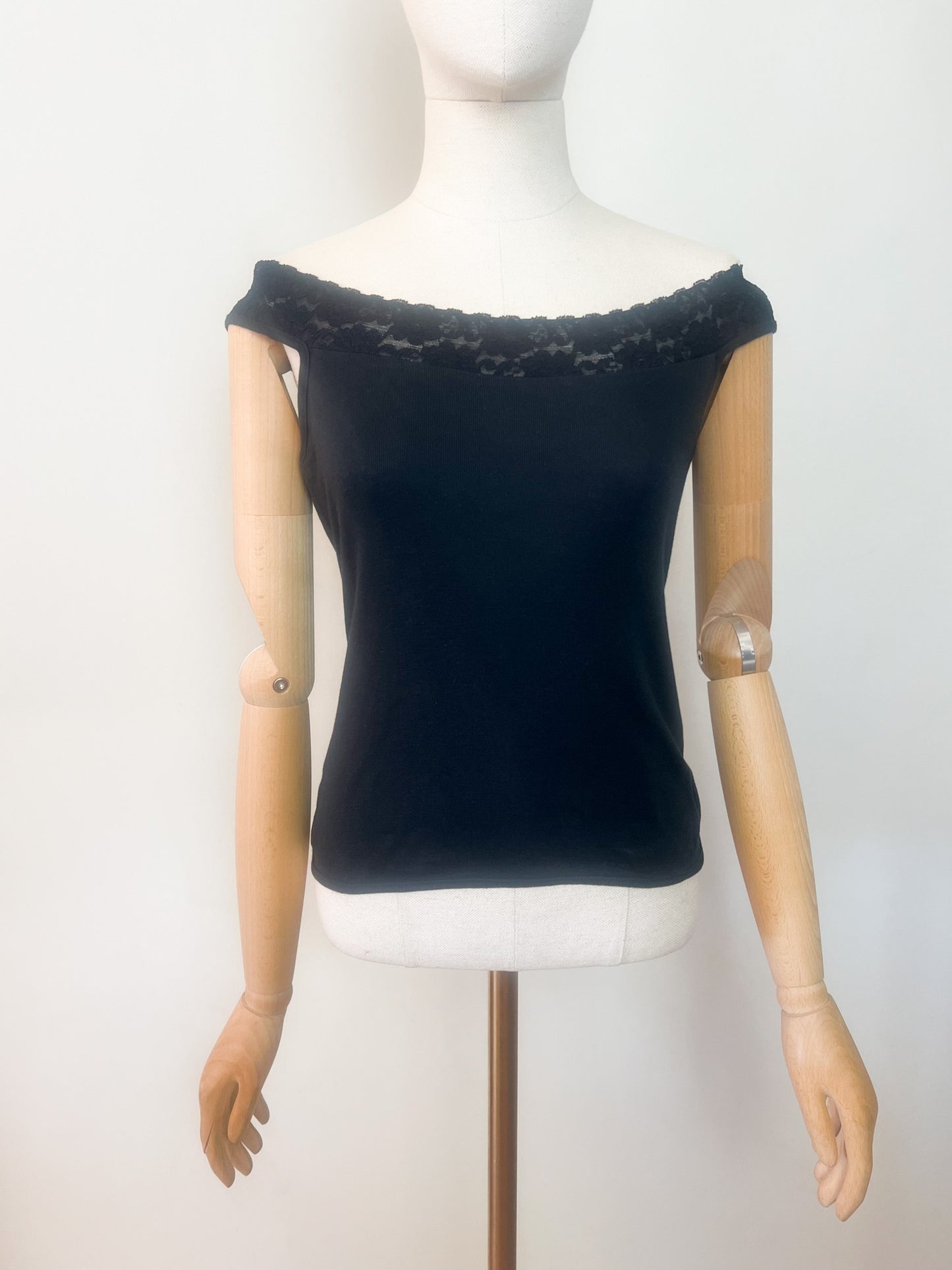 Top Vintage Années 90 Noir Épaules Dénudées & Dentelle – 100% Coton – Taille 34/36