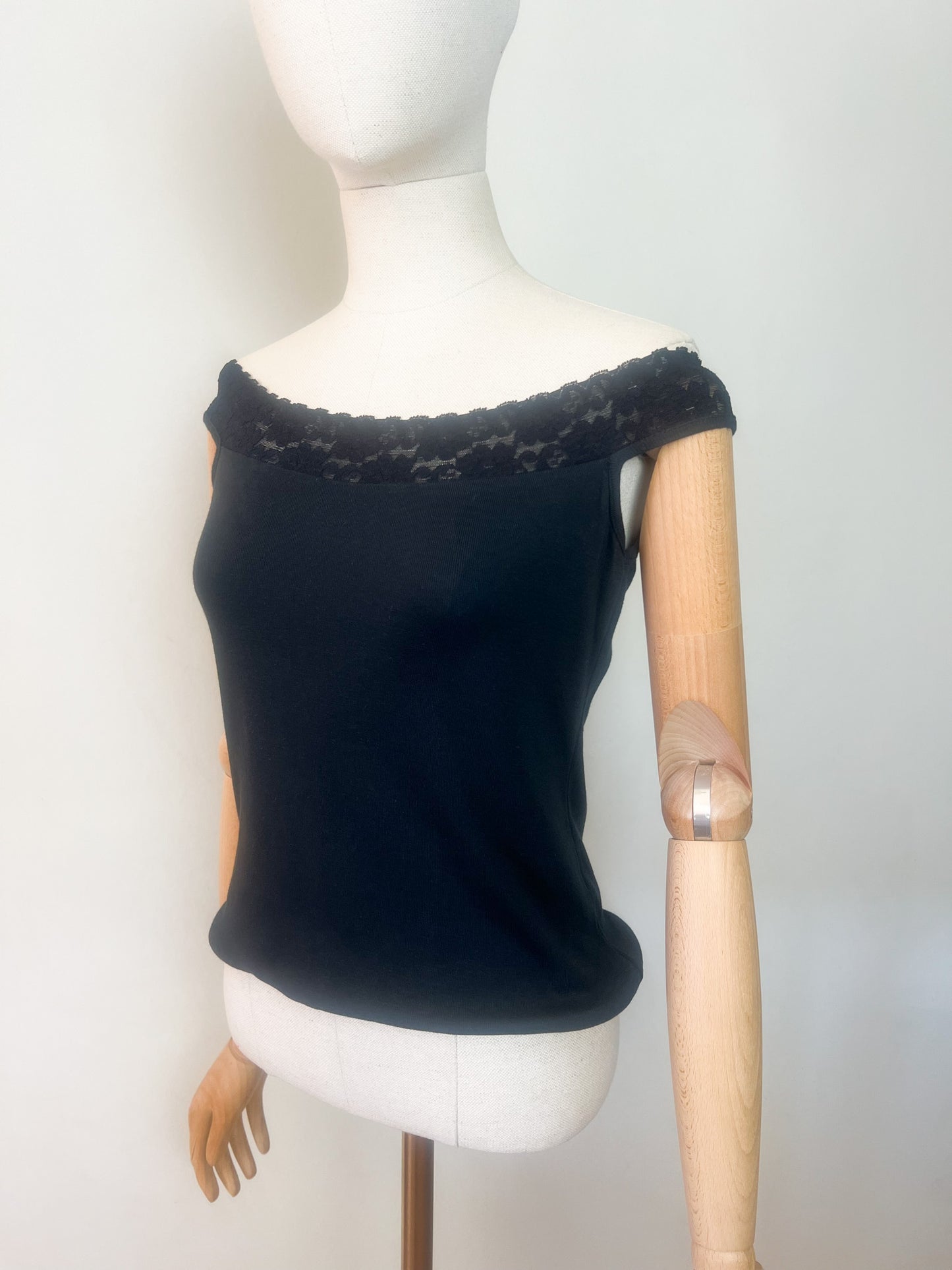 Top Vintage Années 90 Noir Épaules Dénudées & Dentelle – 100% Coton – Taille 34/36