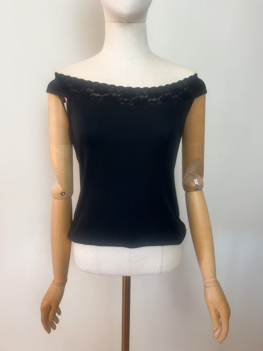 Top Vintage Années 90 Noir Épaules Dénudées & Dentelle – 100% Coton – Taille 34/36