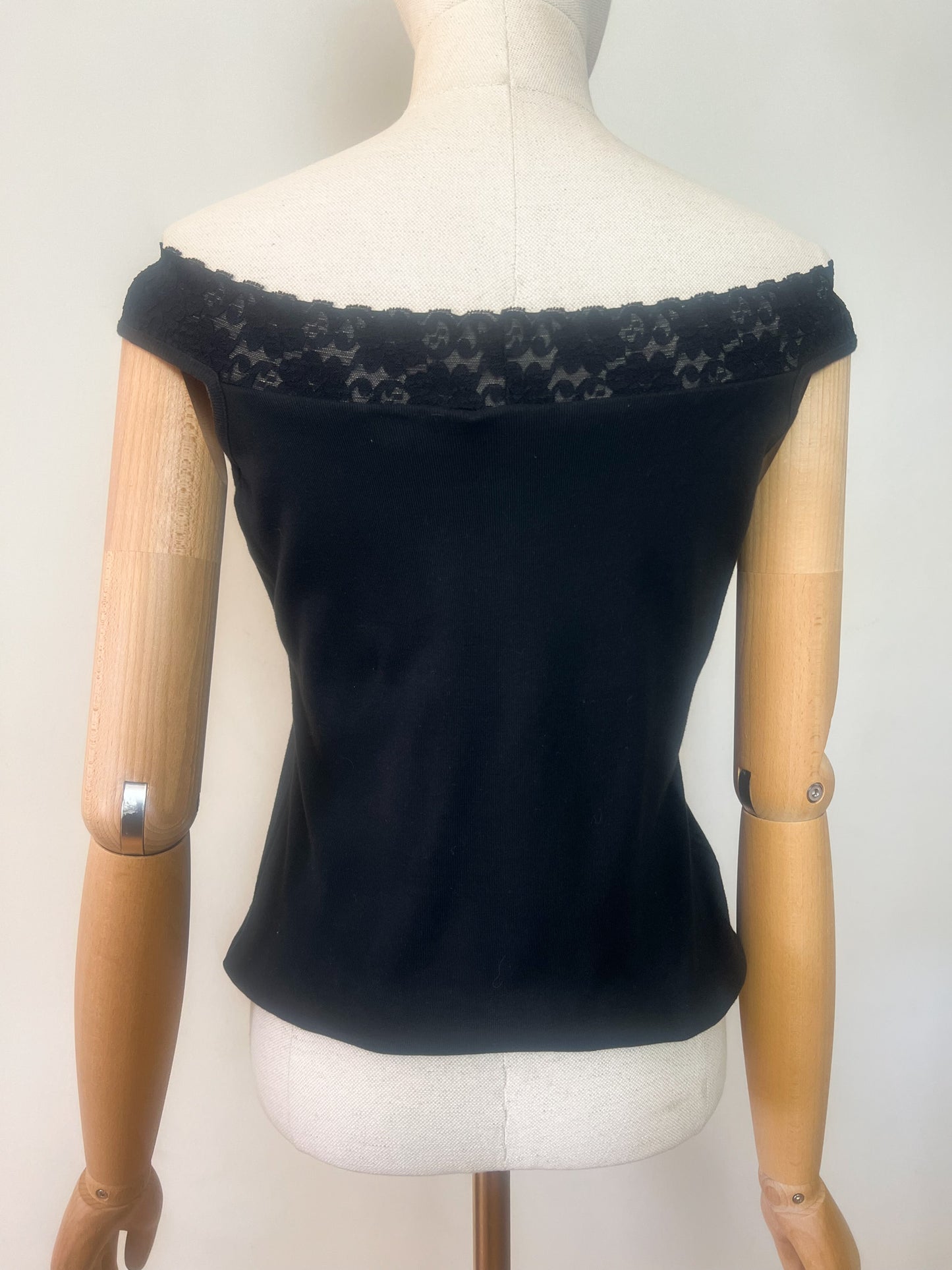 Top Vintage Années 90 Noir Épaules Dénudées & Dentelle – 100% Coton – Taille 34/36