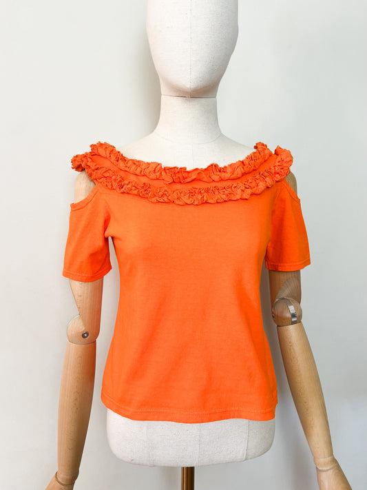 Top Vintage Début 2000 Orange Cold Shoulder – Encolure Froncée – 100% Coton – Fabriqué en France – Taille 36/38