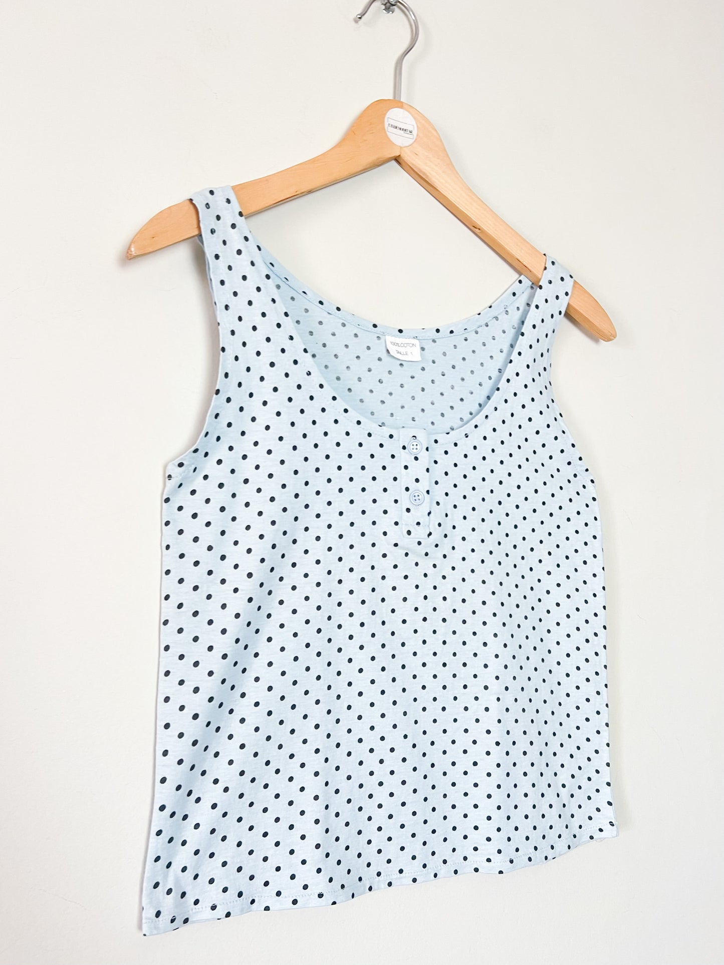 Débardeur Vintage 90s Bleu Ciel à Pois Noirs – 100% Coton – T34/36