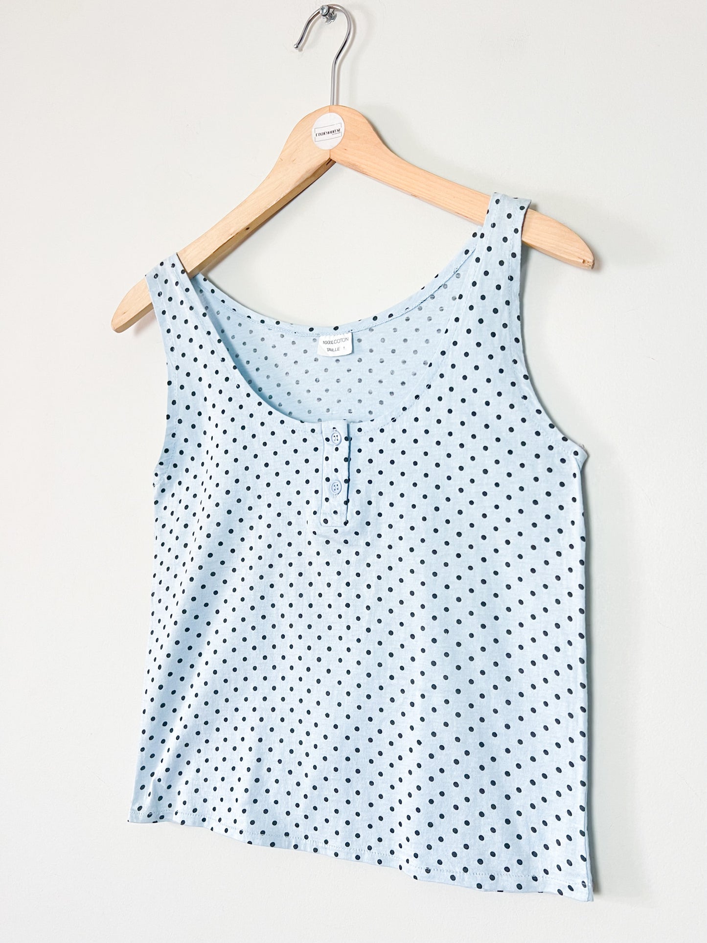 Débardeur Vintage 90s Bleu Ciel à Pois Noirs – 100% Coton – T34/36