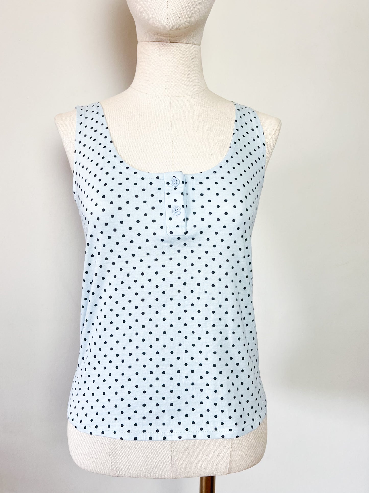Débardeur Vintage 90s Bleu Ciel à Pois Noirs – 100% Coton – T34/36