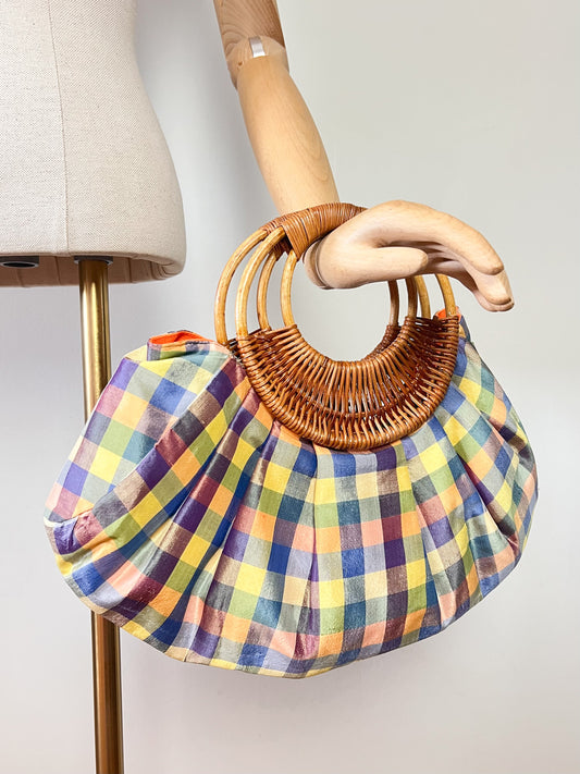 Sac à Main Vintage Esprit Madras Satiné – Anses Rondes Bois & Paille Tressée