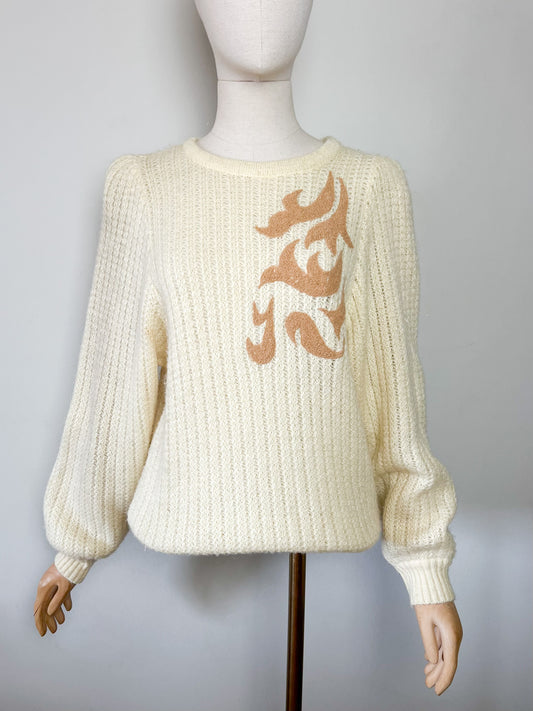 Pull vintage 80s jaune beurre maille ajourée et motif arabesque brun — Manches ballon — Taille 36/38