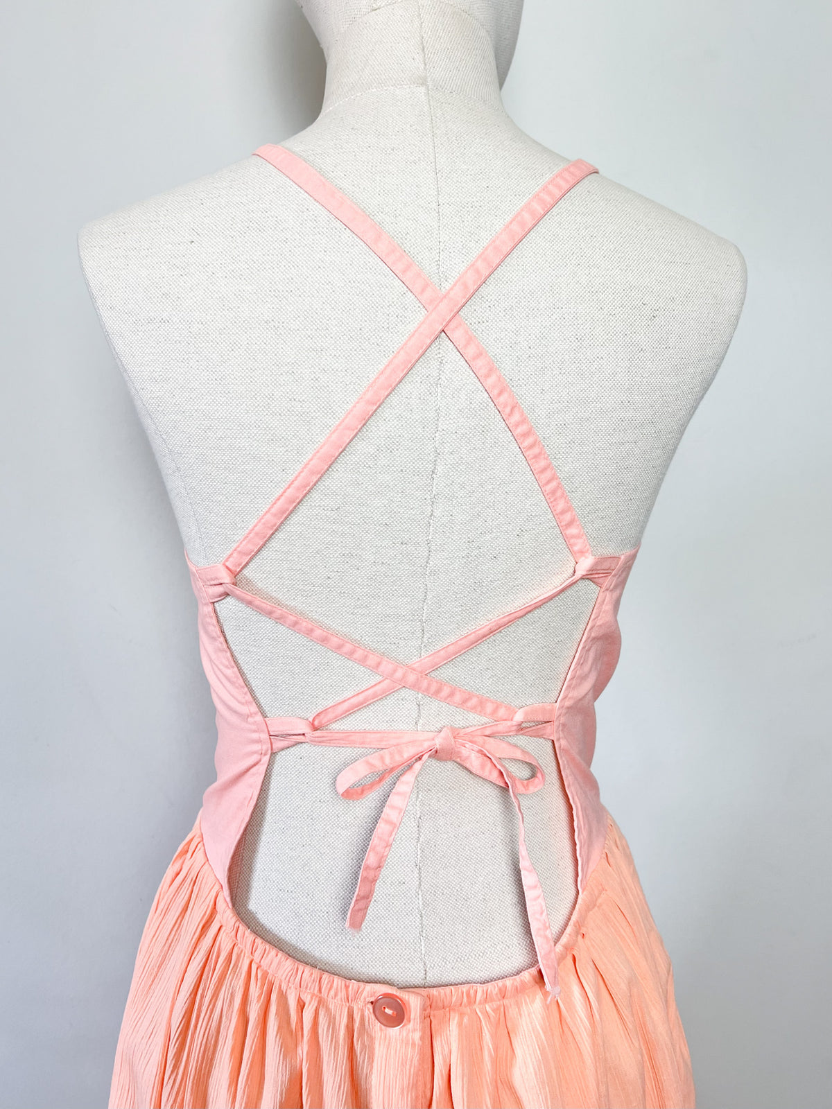 Robe midi Vintage Années 80 90 Abricot 100% Coton – Dos Nu Lacé– T34/36