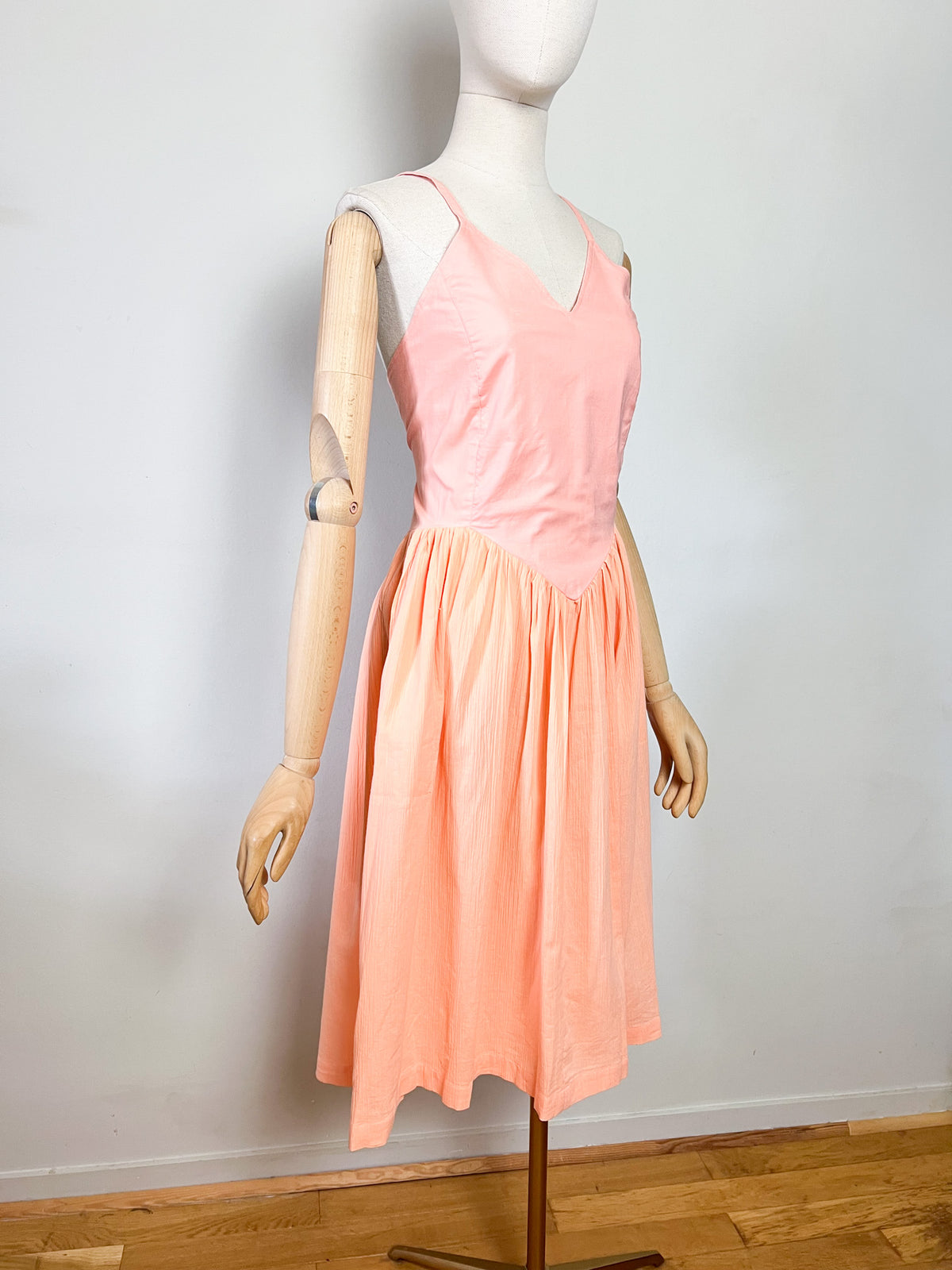 Robe midi Vintage Années 80 90 Abricot 100% Coton – Dos Nu Lacé– T34/36