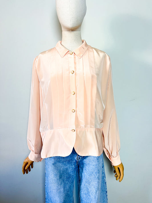 Chemise Fluide Vintage 80s - 100% Polyester Satiné Abricot - Plis Religieuse & Boutons Bijoux Dorés - T. 42/44 FR (XL/XXL)