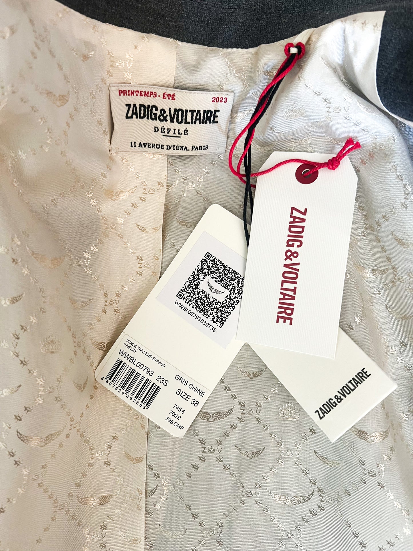 Blazer Strass Zadig & Voltaire – Modèle Vénus Tailleur Strass Paisley Gris T38