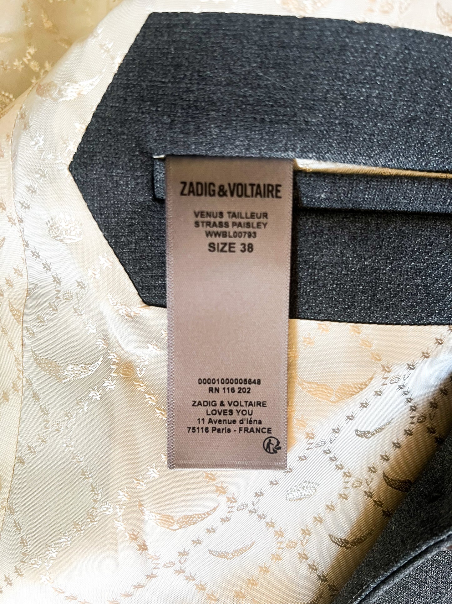 Blazer Strass Zadig & Voltaire – Modèle Vénus Tailleur Strass Paisley Gris T38