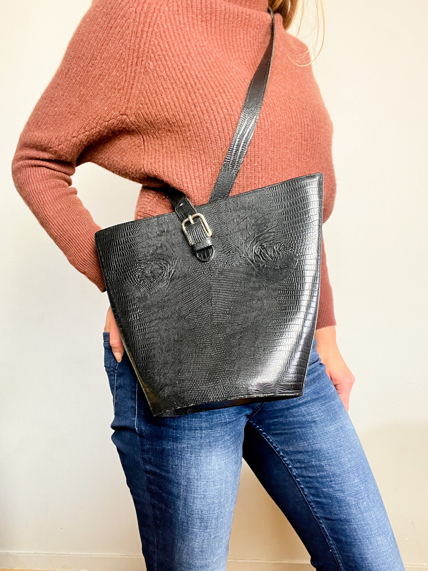 Sac Épaule Structuré Michel Orléan Paris - Cuir Embossé Reptile - Forme Corbeille