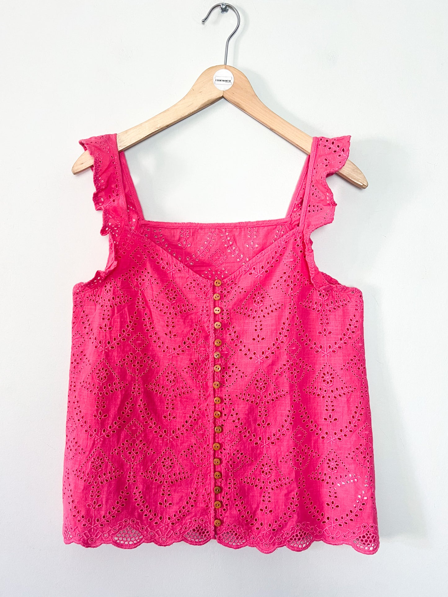 Blouse Débardeur Rose en Coton – Broderie Anglaise & Boutons Bois – T36/38