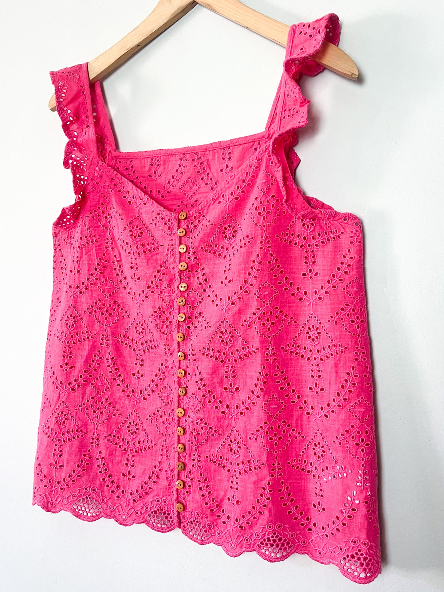 Blouse Débardeur Rose en Coton – Broderie Anglaise & Boutons Bois – T36/38