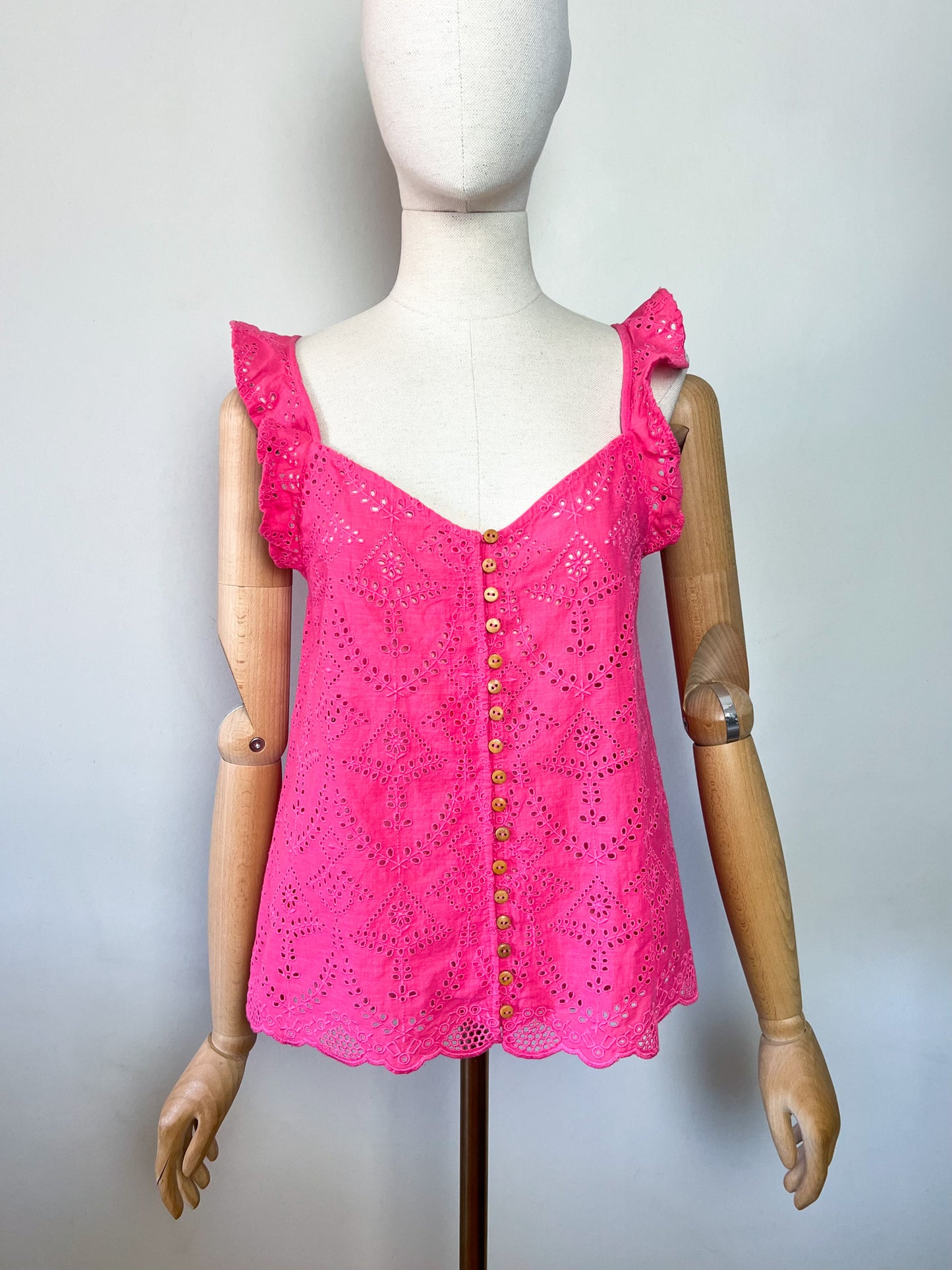 Blouse Débardeur Rose en Coton – Broderie Anglaise & Boutons Bois – T36/38
