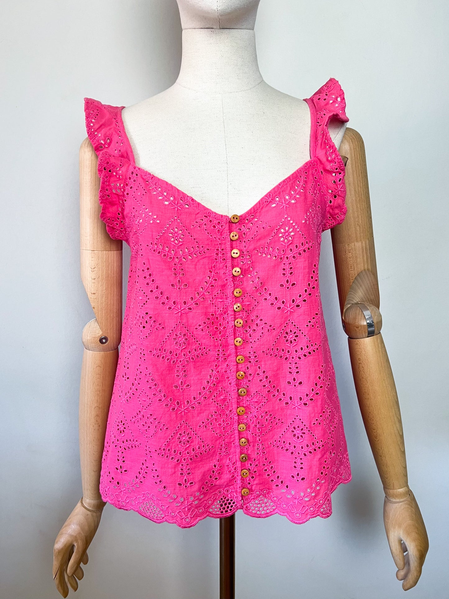 Blouse Débardeur Rose en Coton – Broderie Anglaise & Boutons Bois – T36/38