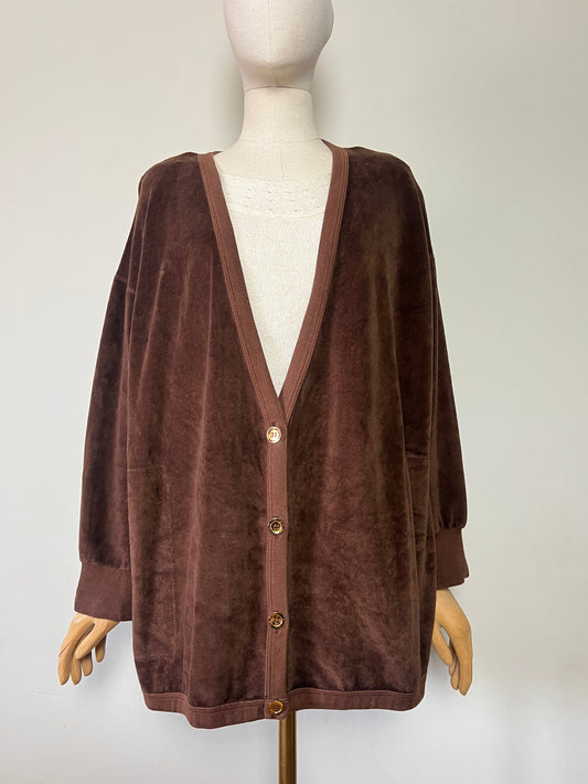 Cardigan Sonia Rykiel Vintage Velours de Coton Marron - Coupe Oversize 80's - Boutons Dorés