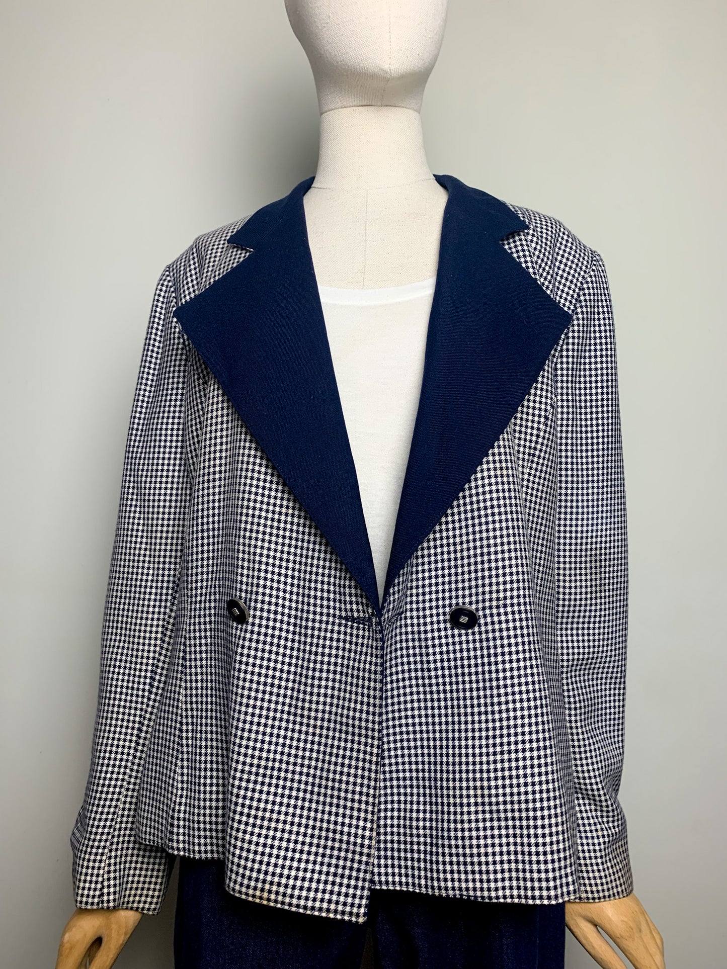 Blazer Vintage 80s Pied-de-Poule Marine/Blanc - 54% Laine - T 42 (L/XL) - Made in France