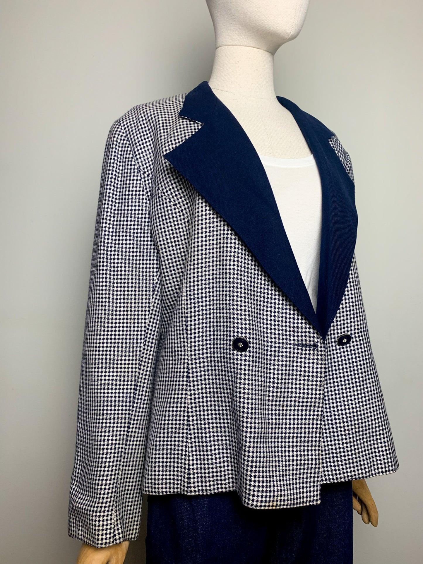 Blazer Vintage 80s Pied-de-Poule Marine/Blanc - 54% Laine - T 42 (L/XL) - Made in France