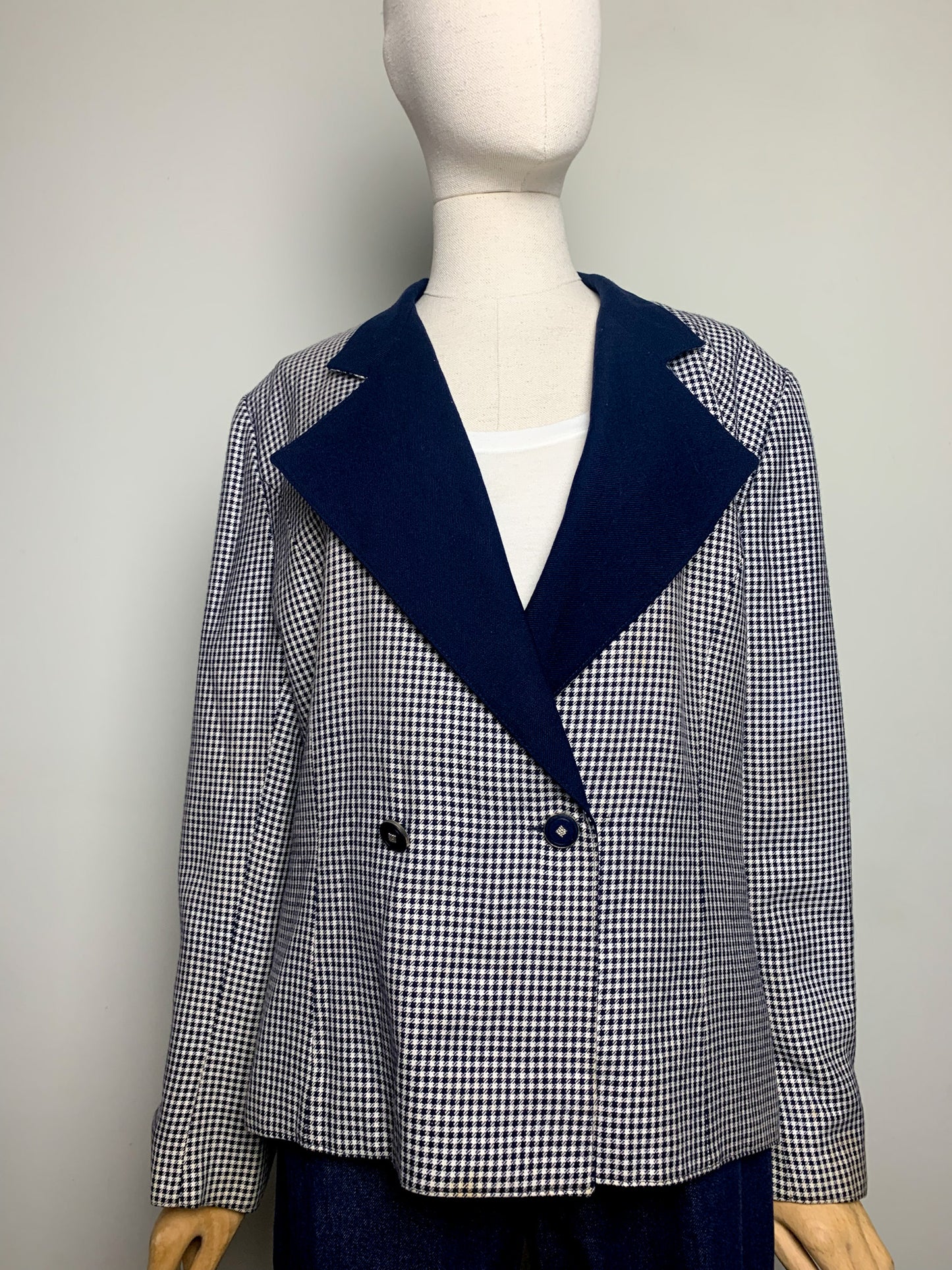 Blazer Vintage 80s Pied-de-Poule Marine/Blanc - 54% Laine - T 42 (L/XL) - Made in France