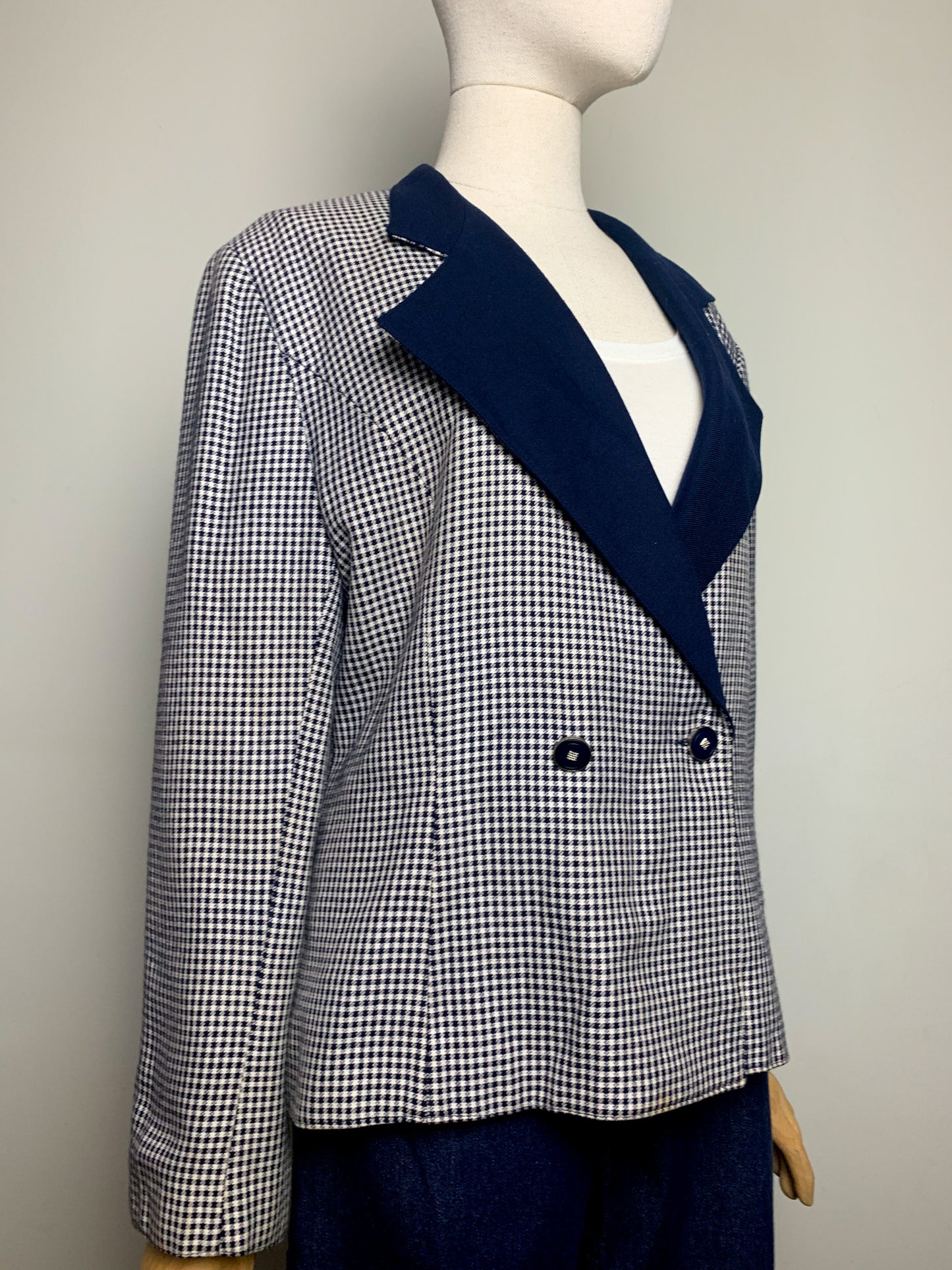 Blazer Vintage 80s Pied-de-Poule Marine/Blanc - 54% Laine - T 42 (L/XL) - Made in France