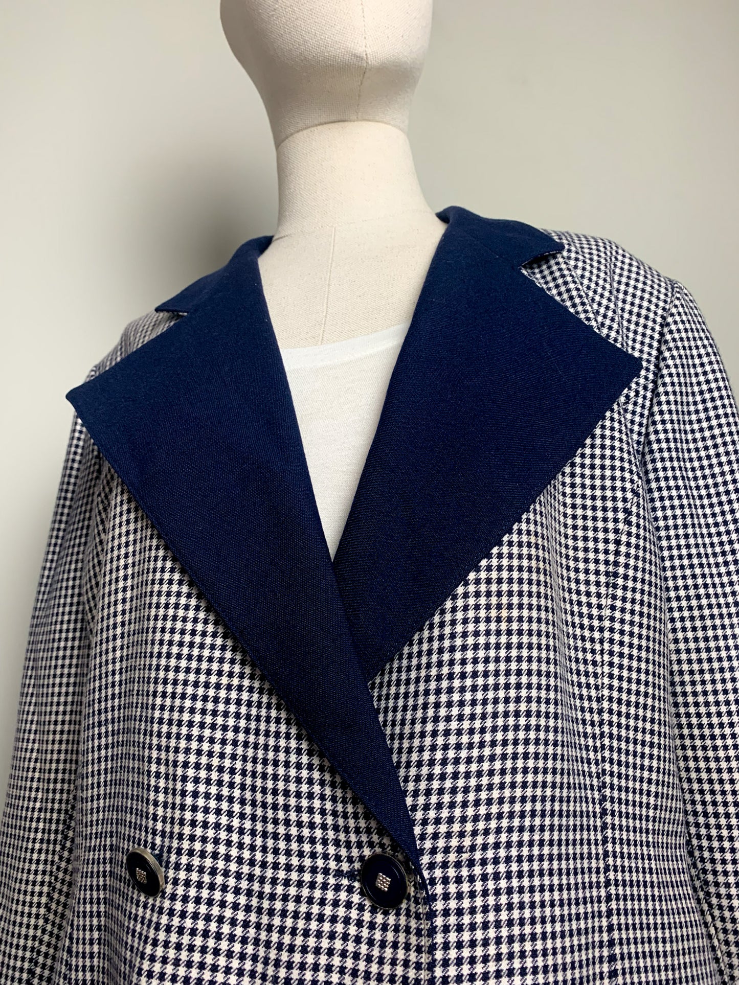 Blazer Vintage 80s Pied-de-Poule Marine/Blanc - 54% Laine - T 42 (L/XL) - Made in France