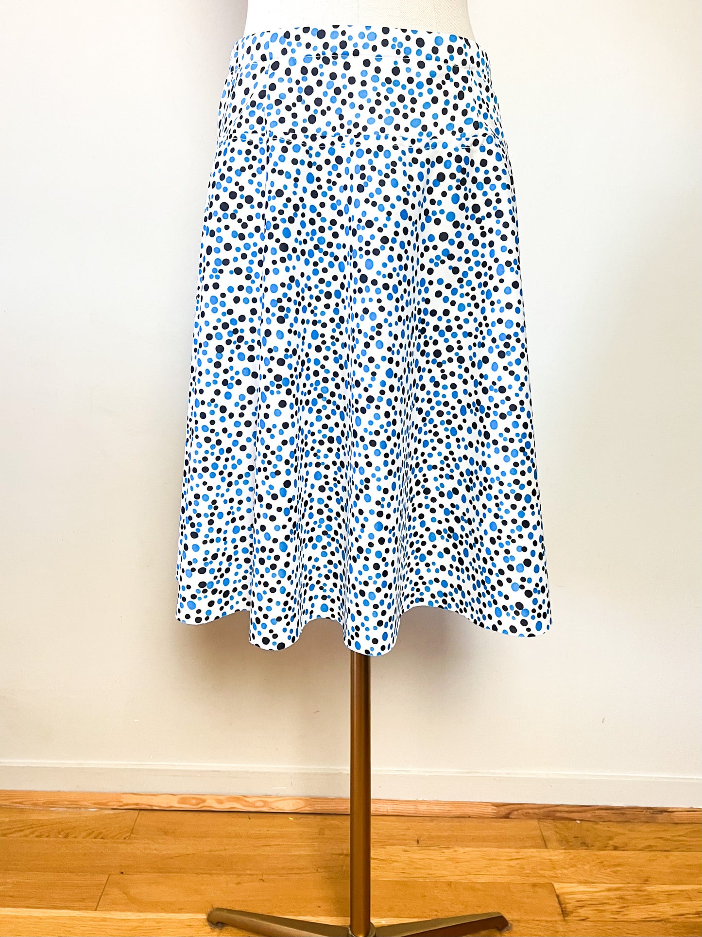 Jupe Trapèze Vintage Années 70 Blanche à Pois Marine & Turquoise – T38/40