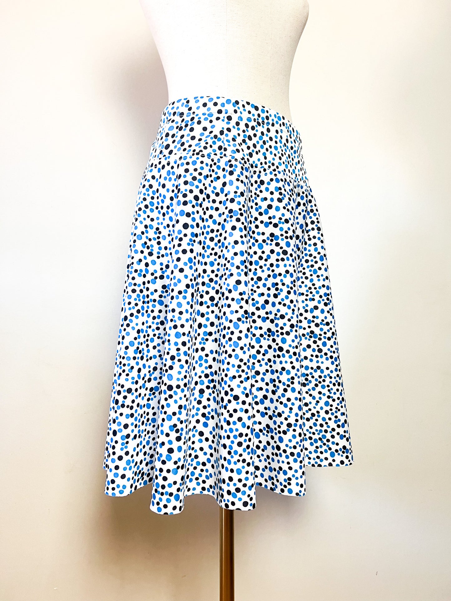 Jupe Trapèze Vintage Années 70 Blanche à Pois Marine & Turquoise – T38/40