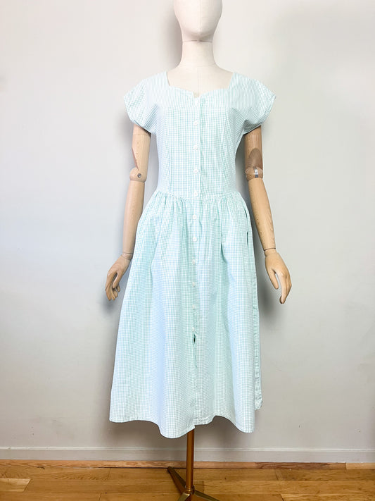 Robe Midi Vintage Années 80 à Carreaux Vert Menthe & Blanc – T36/38