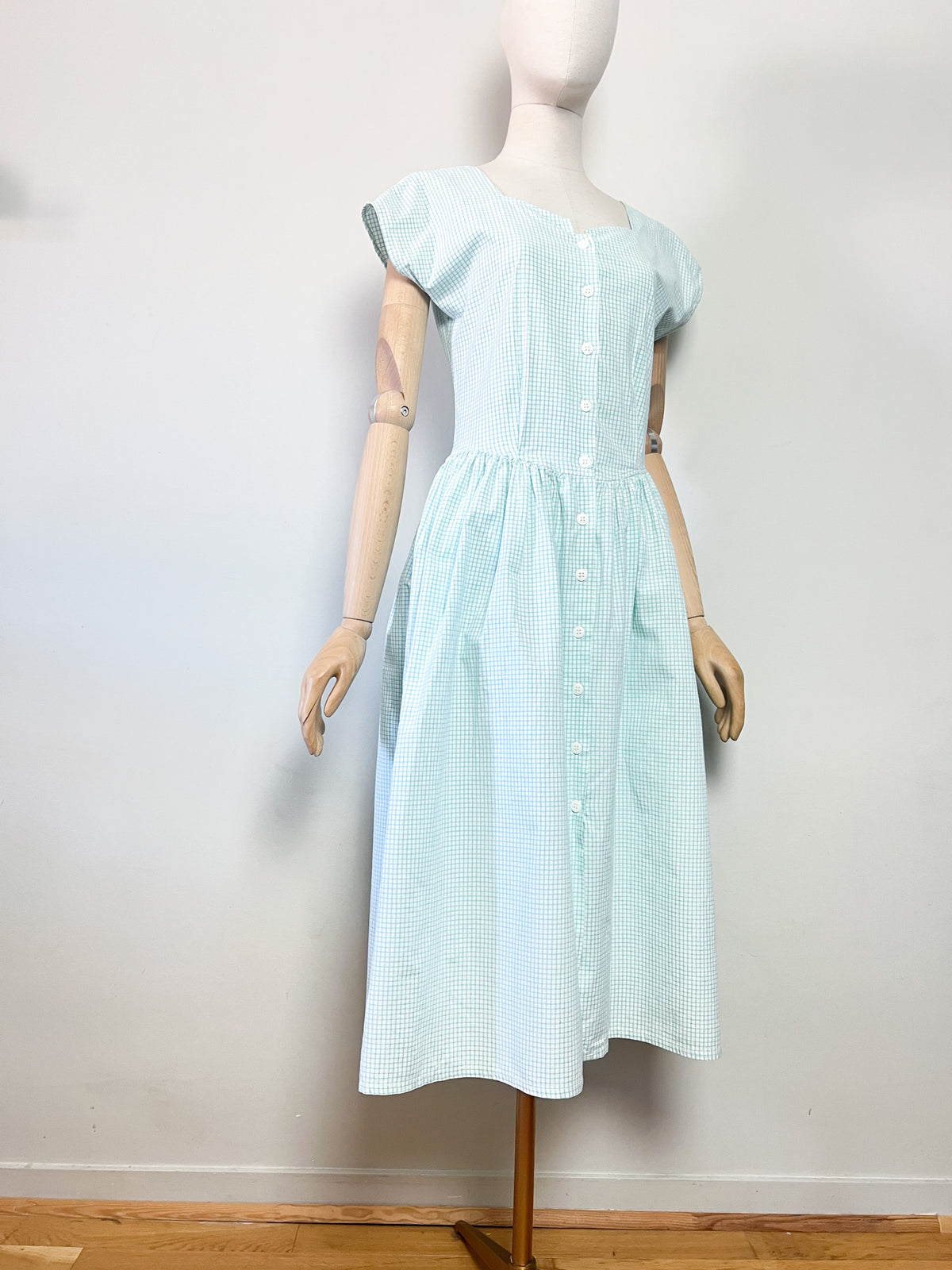 Robe Midi Vintage Années 80 à Carreaux Vert Menthe & Blanc – T36/38
