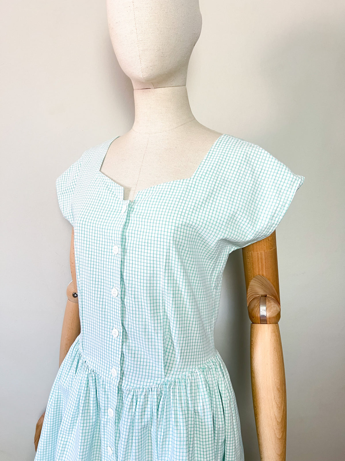Robe Midi Vintage Années 80 à Carreaux Vert Menthe & Blanc – T36/38