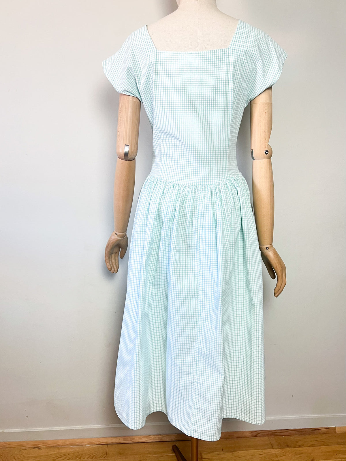 Robe Midi Vintage Années 80 à Carreaux Vert Menthe & Blanc – T36/38