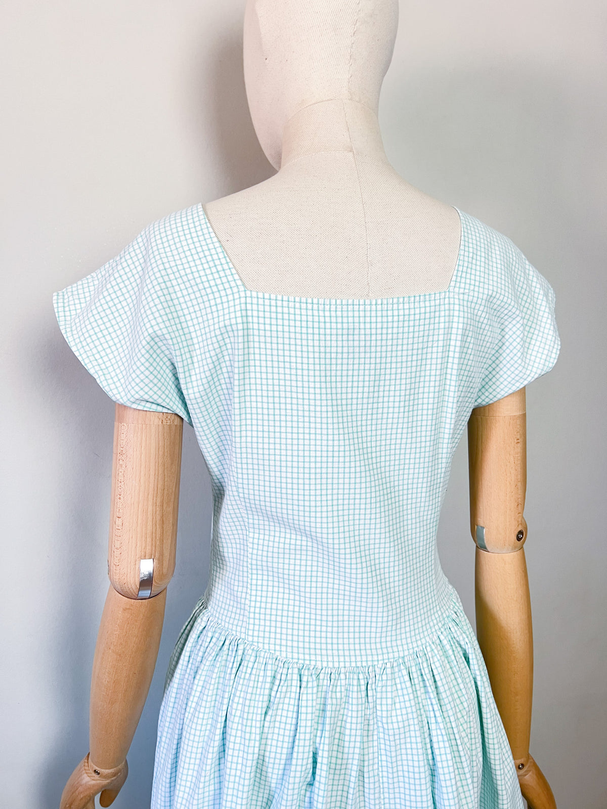 Robe Midi Vintage Années 80 à Carreaux Vert Menthe & Blanc – T36/38
