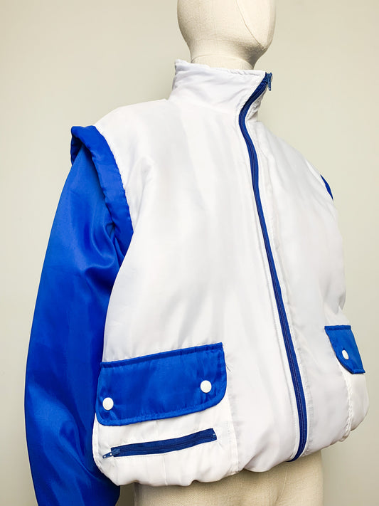 Blouson Vintage Années 90 Colorblock Bleu & Blanc – Style Sport Retro – Taille L/XL