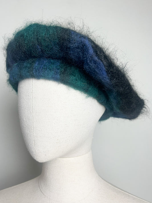 Béret / Bonnet Vintage- Laine et Angora Doux - Noir Marine Vert_ Taille 54