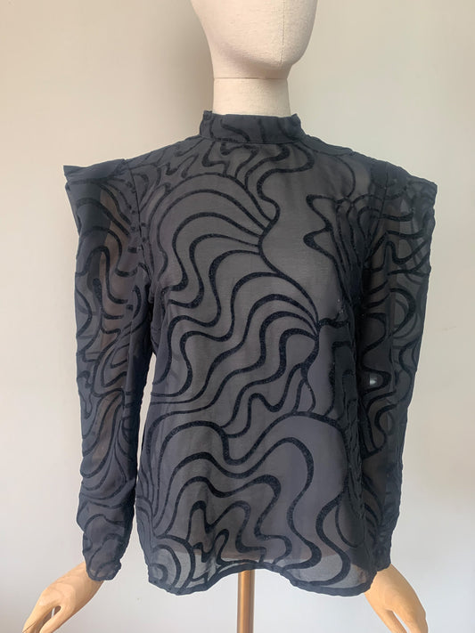 Blouse Vintage Années 80 Marc Obadia x Léonard de Cœur - Voile Noir et Velours Floqué