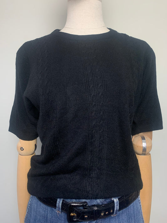 Pull manches courtes torsades noirs pure cachemire vintage
