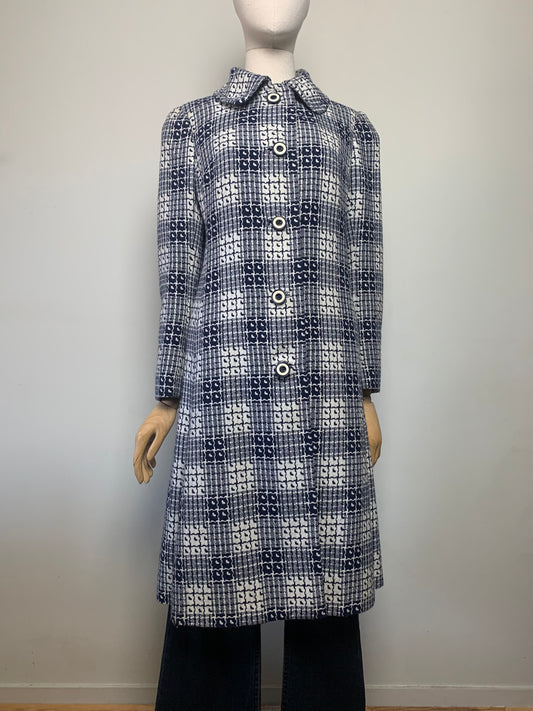 Manteau mi long en laine tissé marine et crème vintage