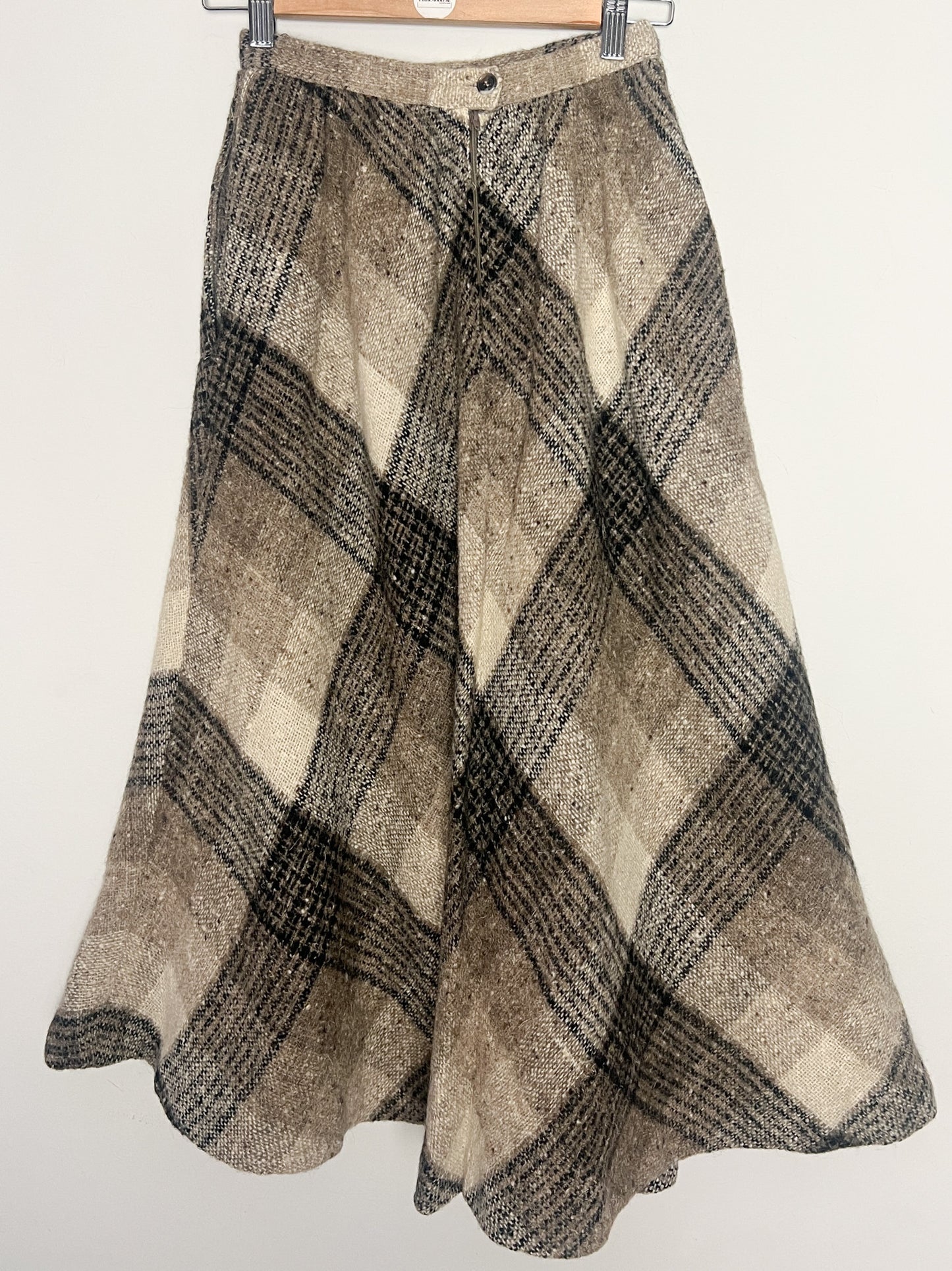 Jupe Liliane Burty Vintage Laine Carreaux Beige - Made in France - T $32/34$ (XXS/XS)