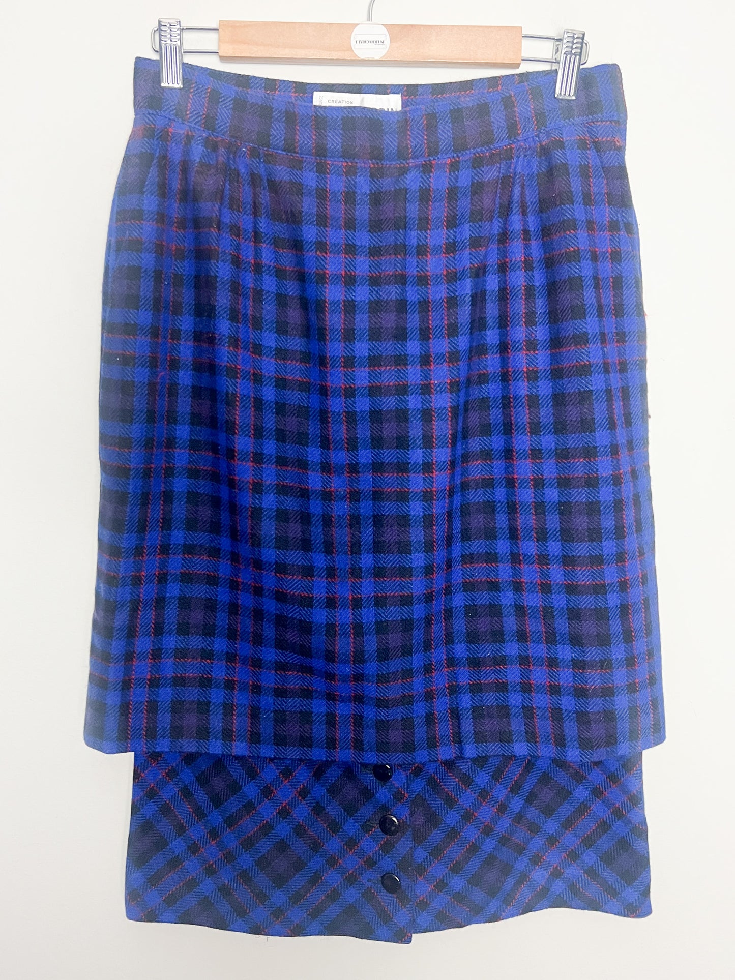 Jupe Vintage Pierre Cardin - Effet Superposé Original – Laine, Tartan Bleu et Rouge T38