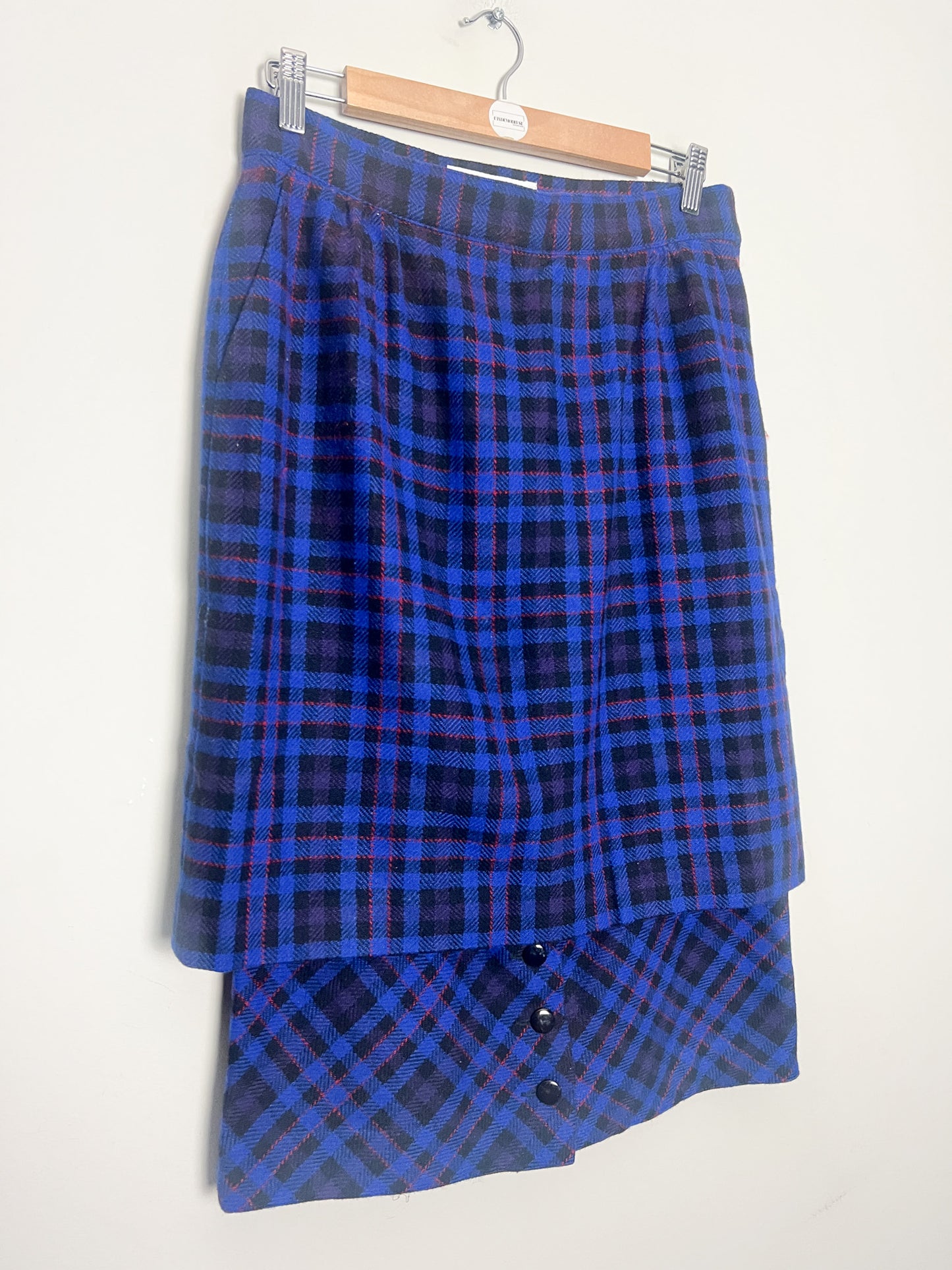 Jupe Vintage Pierre Cardin - Effet Superposé Original – Laine, Tartan Bleu et Rouge T38
