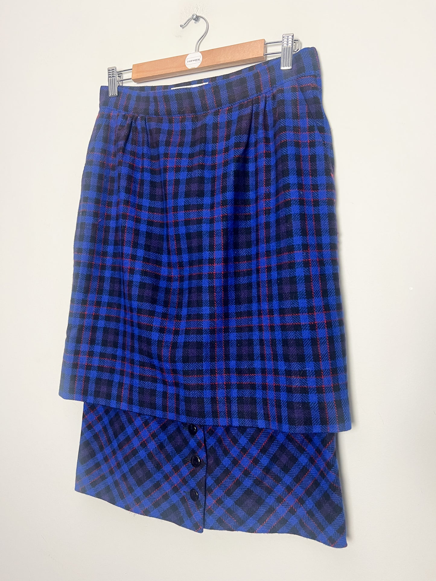 Jupe Vintage Pierre Cardin - Effet Superposé Original – Laine, Tartan Bleu et Rouge T38