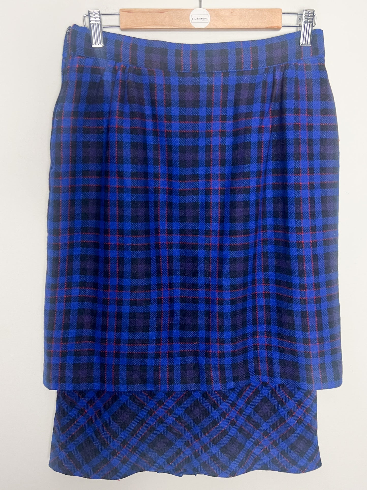 Jupe Vintage Pierre Cardin - Effet Superposé Original – Laine, Tartan Bleu et Rouge T38