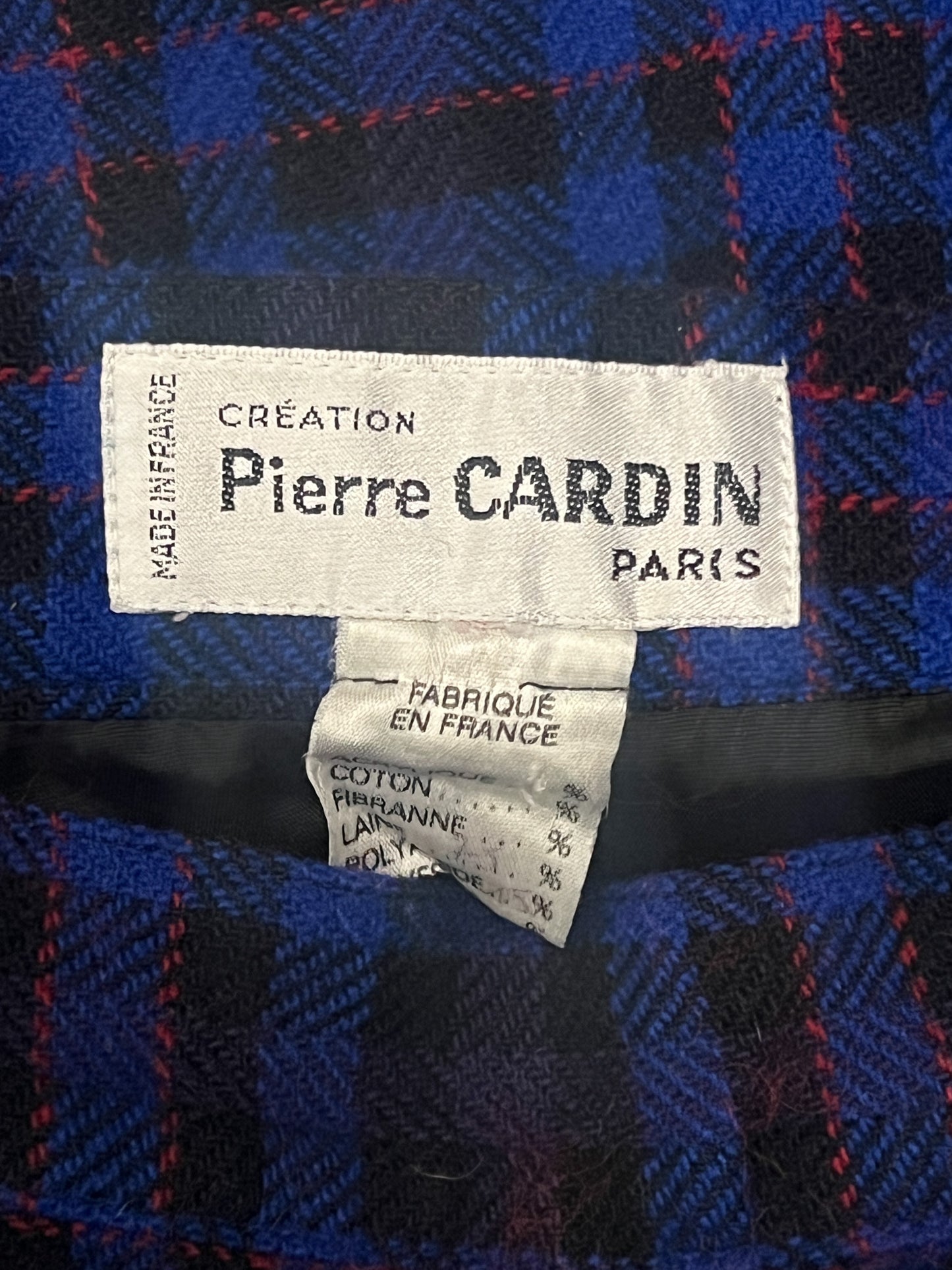 Jupe Vintage Pierre Cardin - Effet Superposé Original – Laine, Tartan Bleu et Rouge T38
