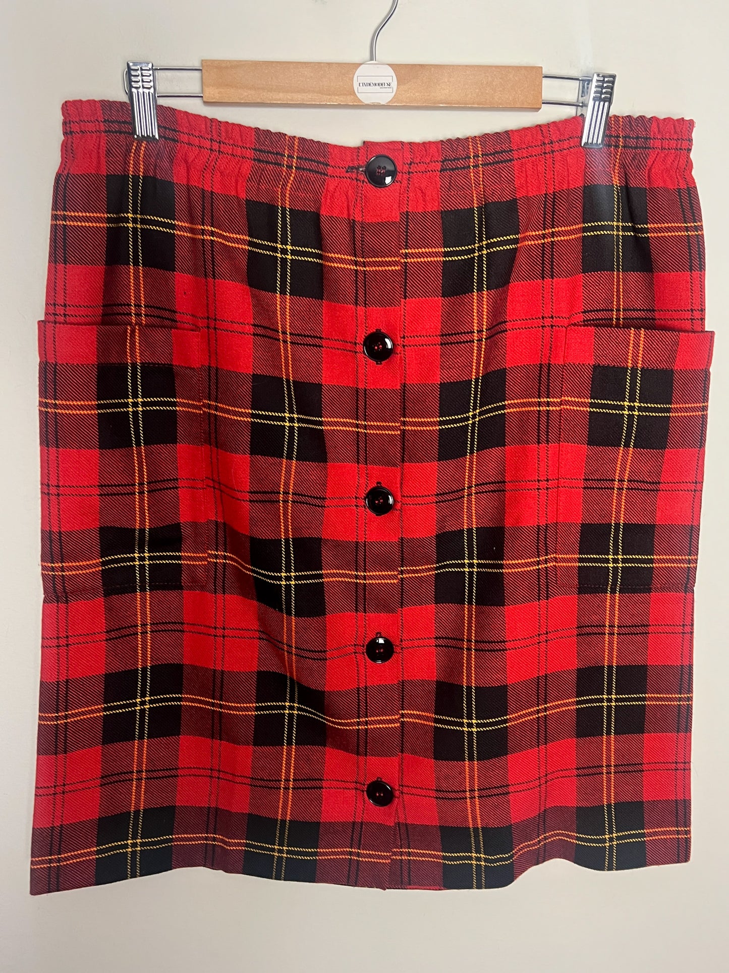 Jupe Vintage Tartan Rouge Noir T 42/44 - Boutonnée Courte/Genoux - Élastique Détendu