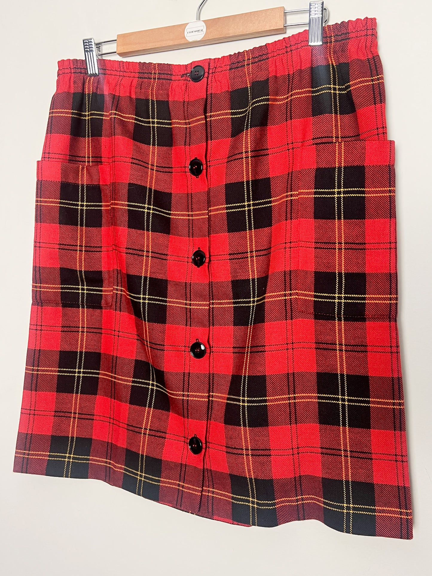 Jupe Vintage Tartan Rouge Noir T 42/44 - Boutonnée Courte/Genoux - Élastique Détendu
