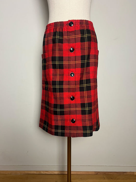 Jupe Vintage Tartan Rouge Noir T 42/44 - Boutonnée Courte/Genoux - Élastique Détendu