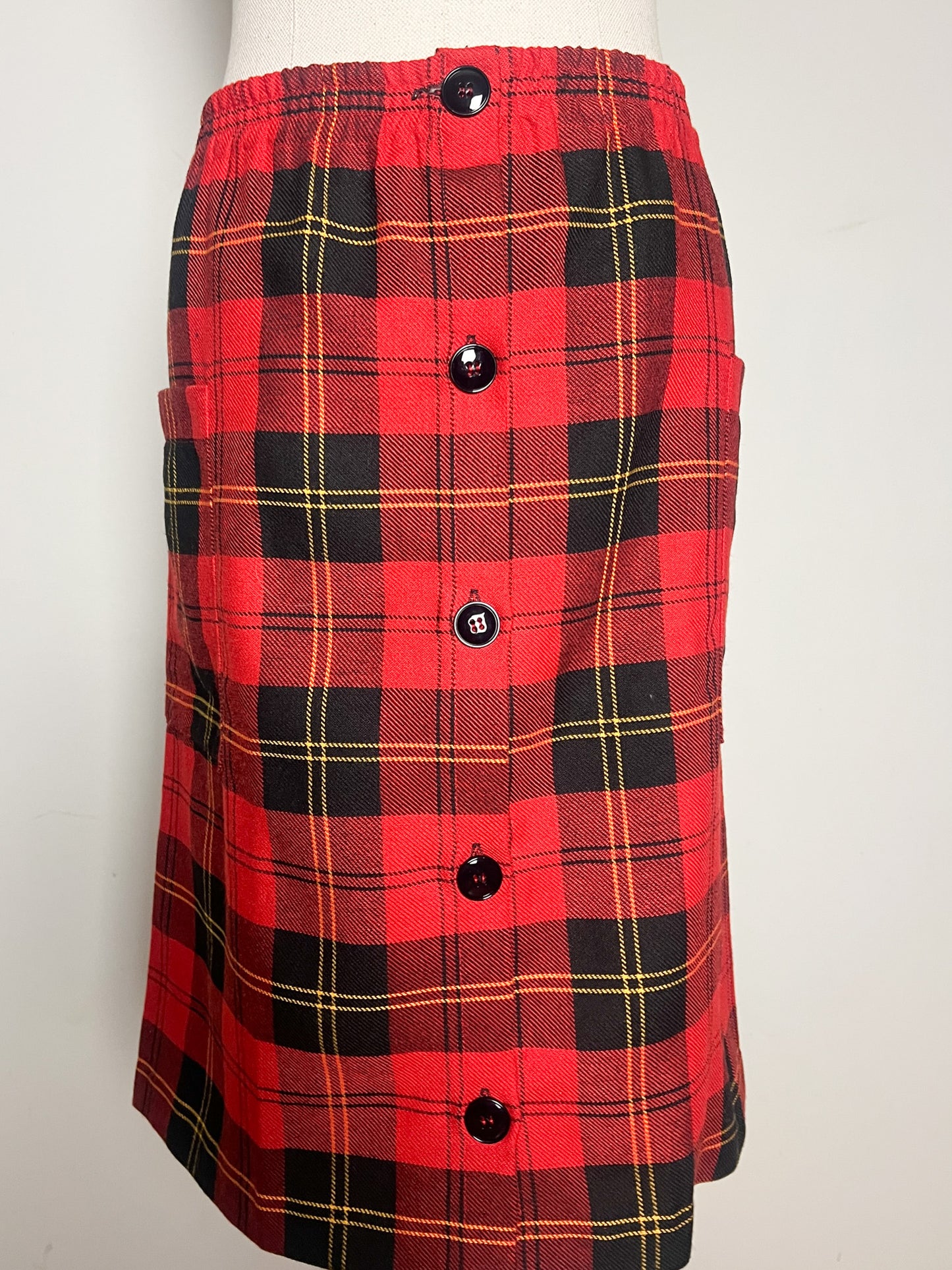 Jupe Vintage Tartan Rouge Noir T 42/44 - Boutonnée Courte/Genoux - Élastique Détendu