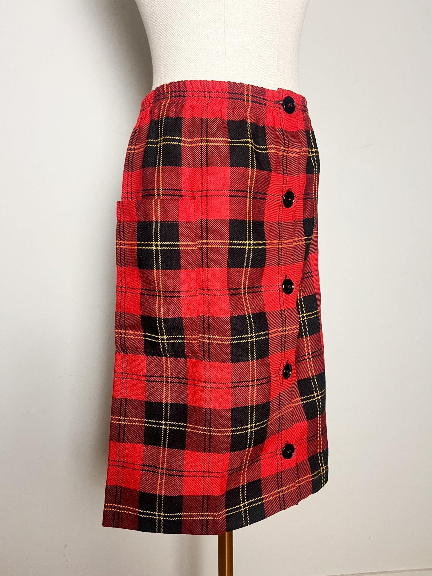 Jupe Vintage Tartan Rouge Noir T 42/44 - Boutonnée Courte/Genoux - Élastique Détendu