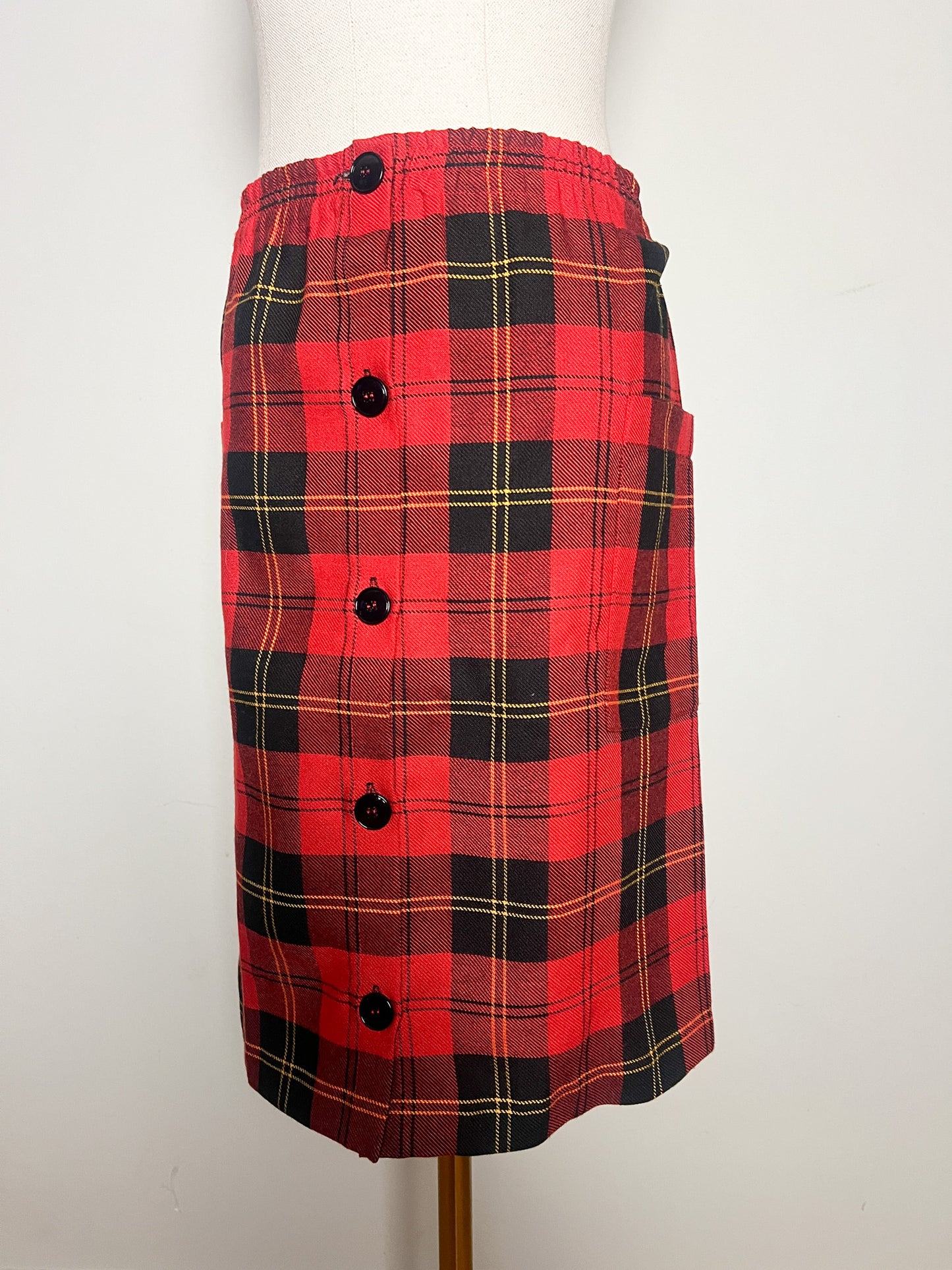 Jupe Vintage Tartan Rouge Noir T 42/44 - Boutonnée Courte/Genoux - Élastique Détendu